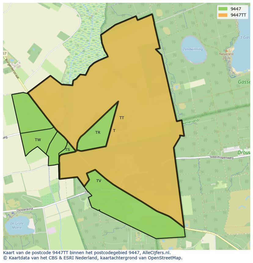 Afbeelding van het postcodegebied 9447 TT op de kaart.