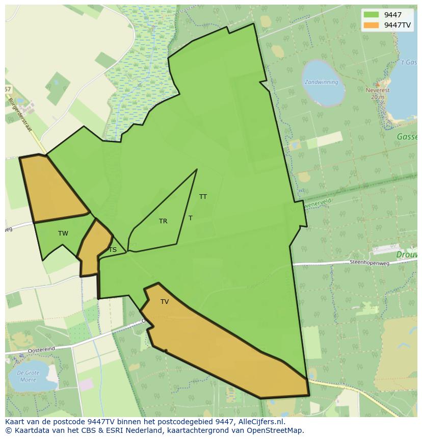 Afbeelding van het postcodegebied 9447 TV op de kaart.