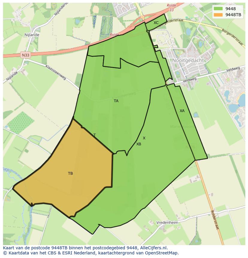 Afbeelding van het postcodegebied 9448 TB op de kaart.