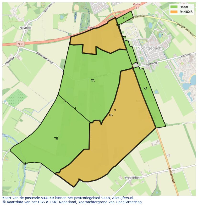 Afbeelding van het postcodegebied 9448 XB op de kaart.