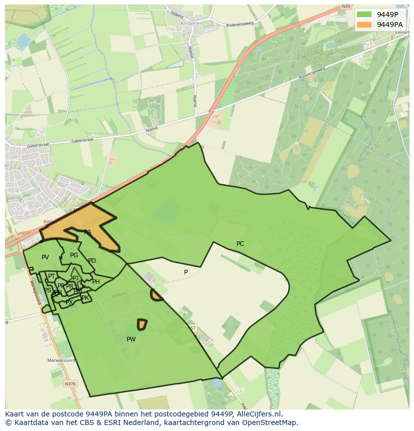 Afbeelding van het postcodegebied 9449 PA op de kaart.