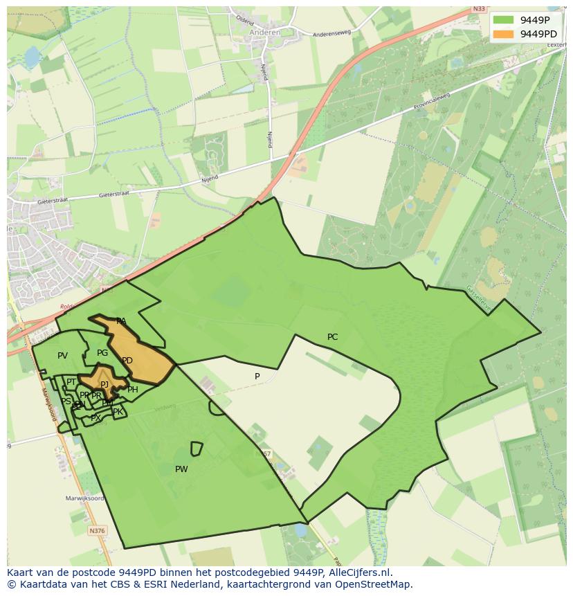 Afbeelding van het postcodegebied 9449 PD op de kaart.