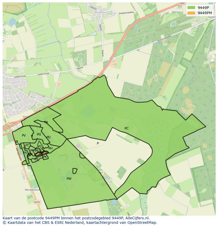 Afbeelding van het postcodegebied 9449 PM op de kaart.