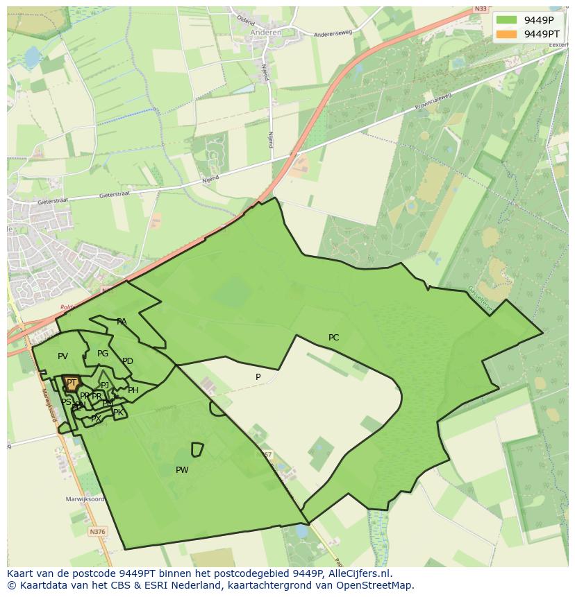 Afbeelding van het postcodegebied 9449 PT op de kaart.