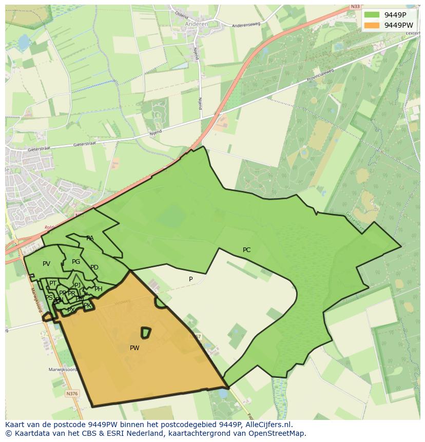Afbeelding van het postcodegebied 9449 PW op de kaart.
