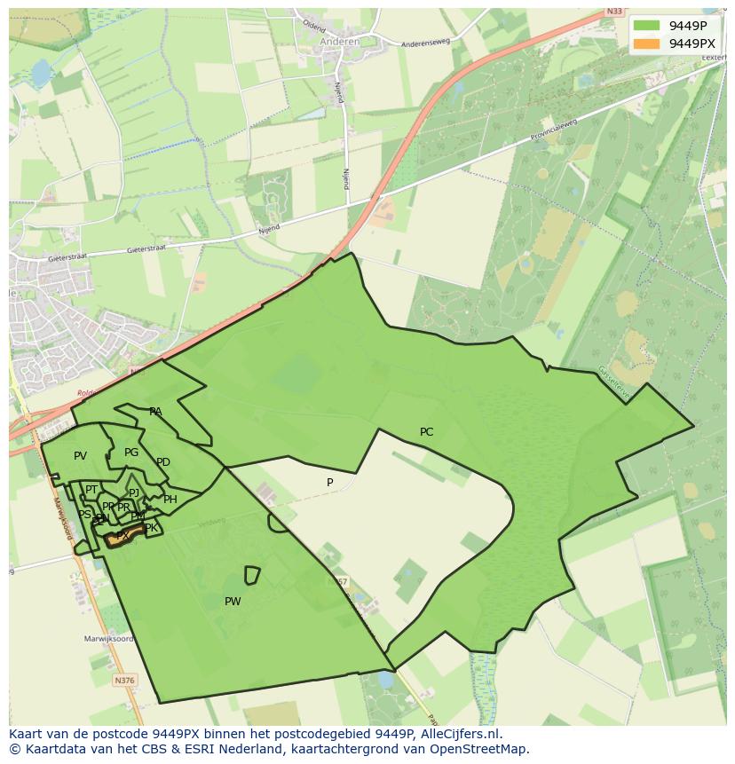 Afbeelding van het postcodegebied 9449 PX op de kaart.