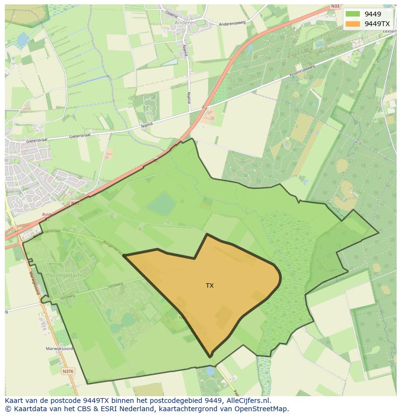 Afbeelding van het postcodegebied 9449 TX op de kaart.