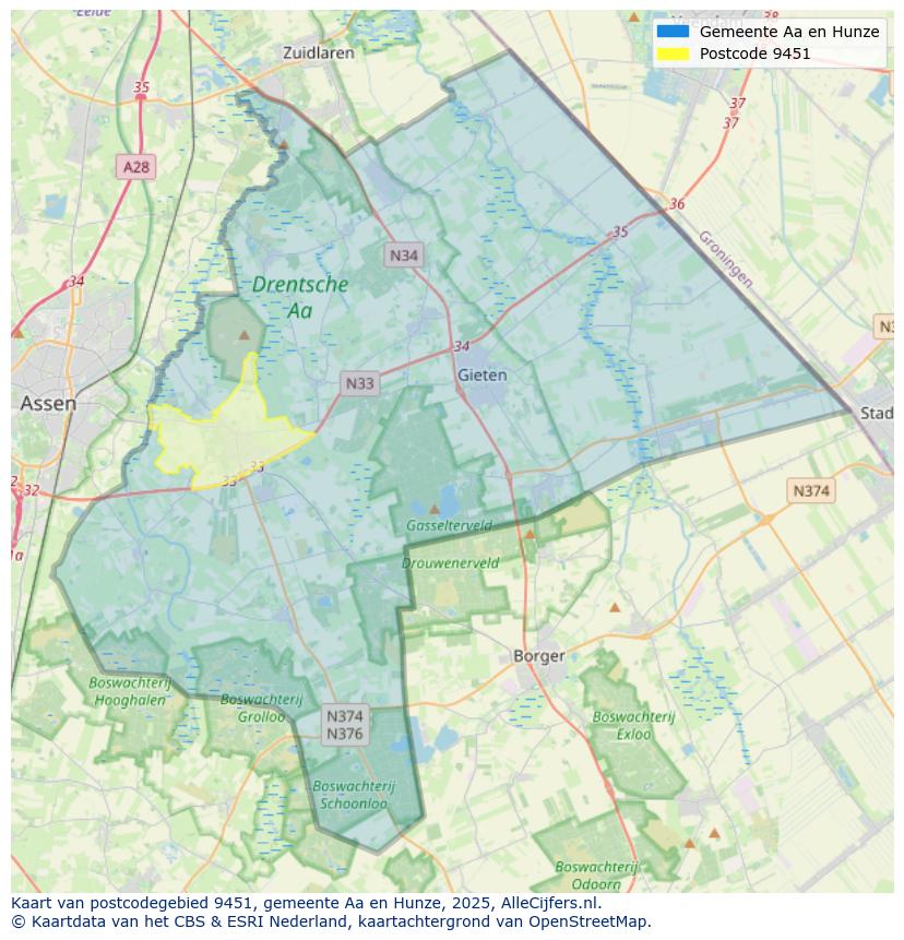 Afbeelding van het postcodegebied 9451 op de kaart.