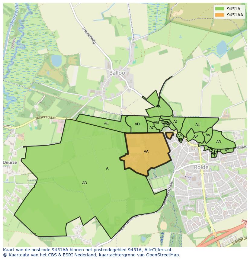 Afbeelding van het postcodegebied 9451 AA op de kaart.