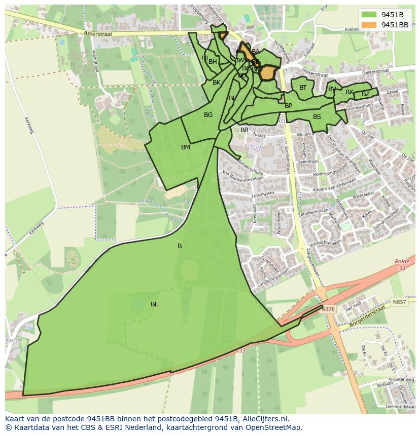 Afbeelding van het postcodegebied 9451 BB op de kaart.