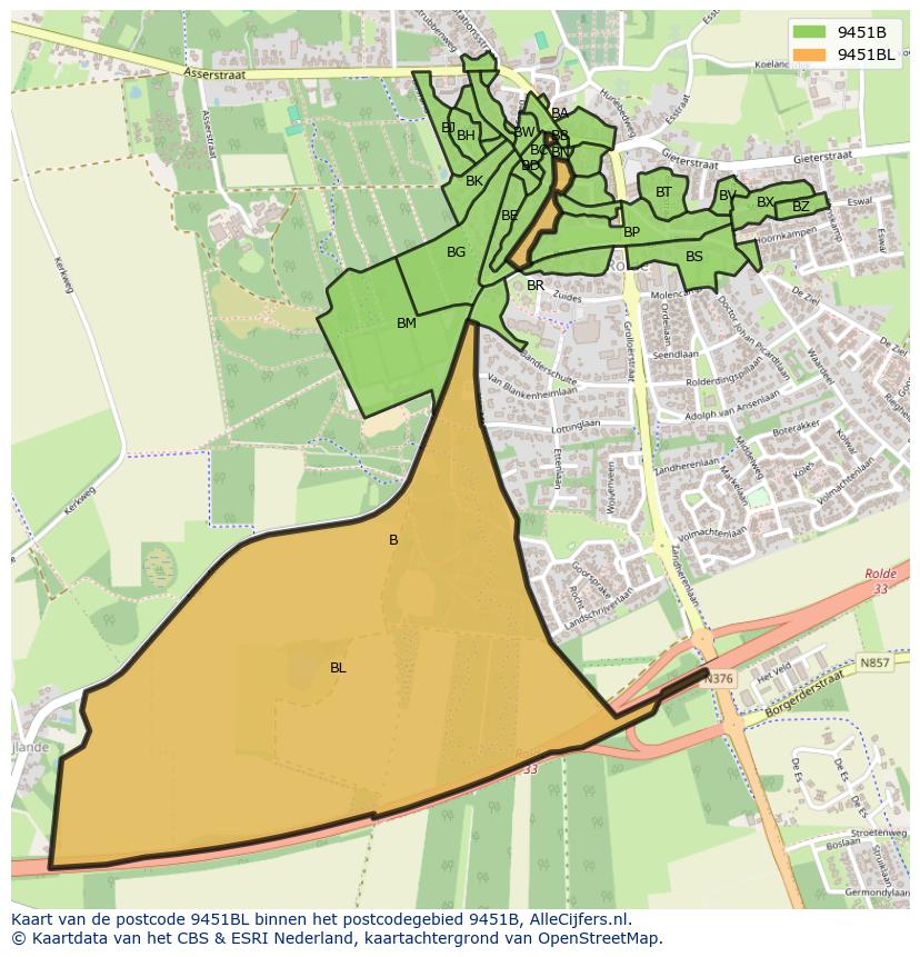 Afbeelding van het postcodegebied 9451 BL op de kaart.
