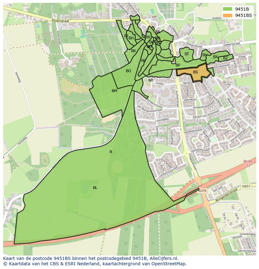 Afbeelding van het postcodegebied 9451 BS op de kaart.