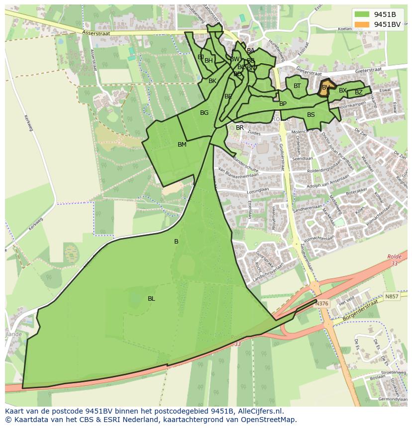 Afbeelding van het postcodegebied 9451 BV op de kaart.