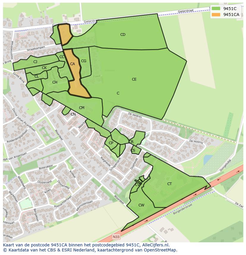 Afbeelding van het postcodegebied 9451 CA op de kaart.