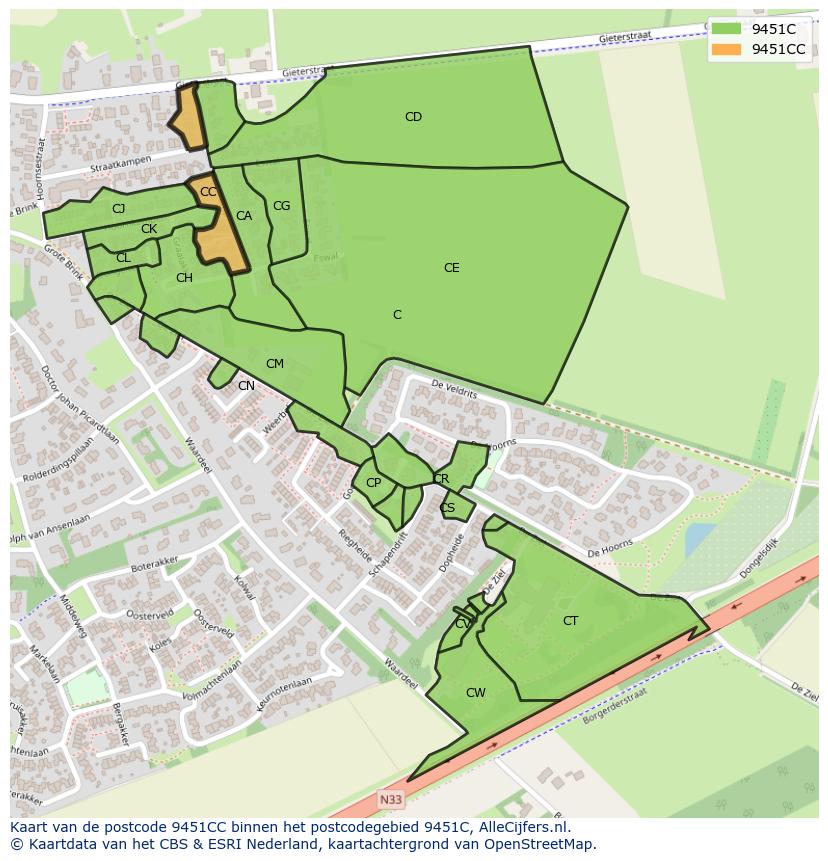 Afbeelding van het postcodegebied 9451 CC op de kaart.