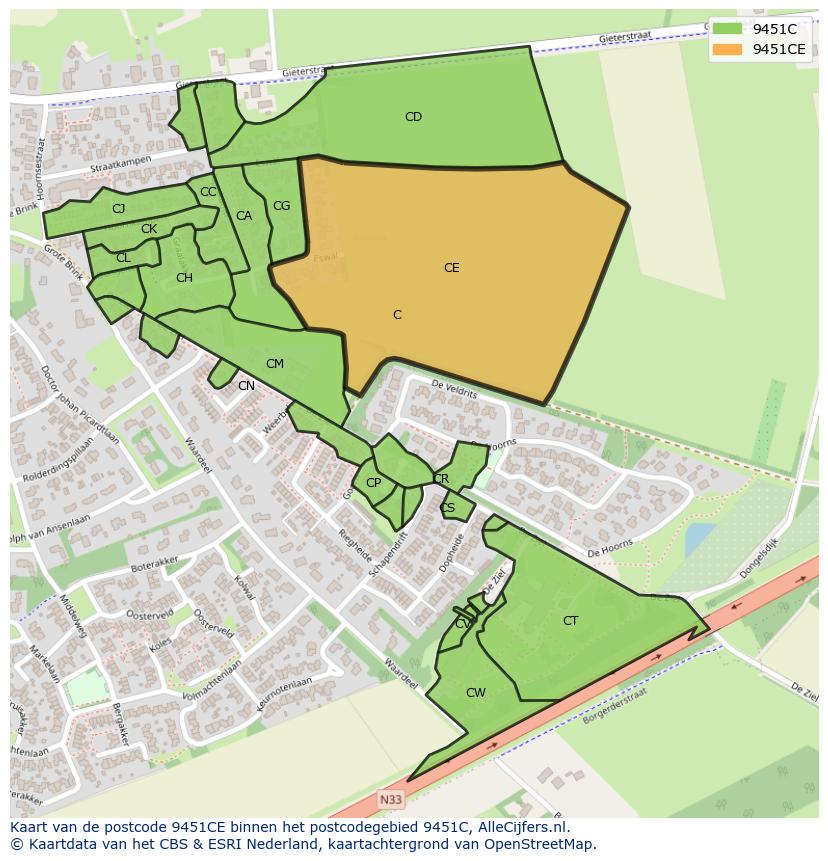 Afbeelding van het postcodegebied 9451 CE op de kaart.