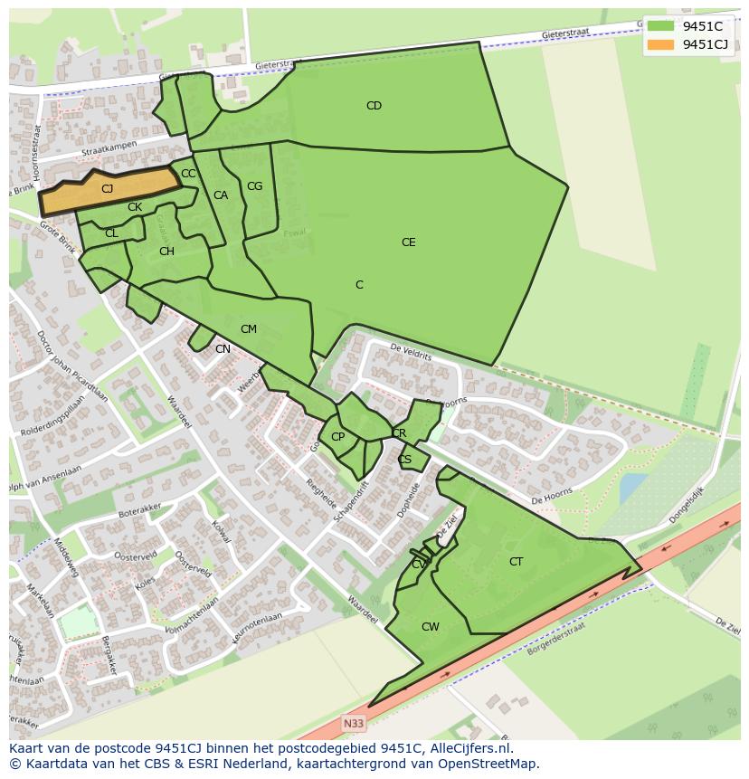 Afbeelding van het postcodegebied 9451 CJ op de kaart.