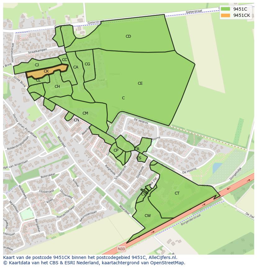 Afbeelding van het postcodegebied 9451 CK op de kaart.