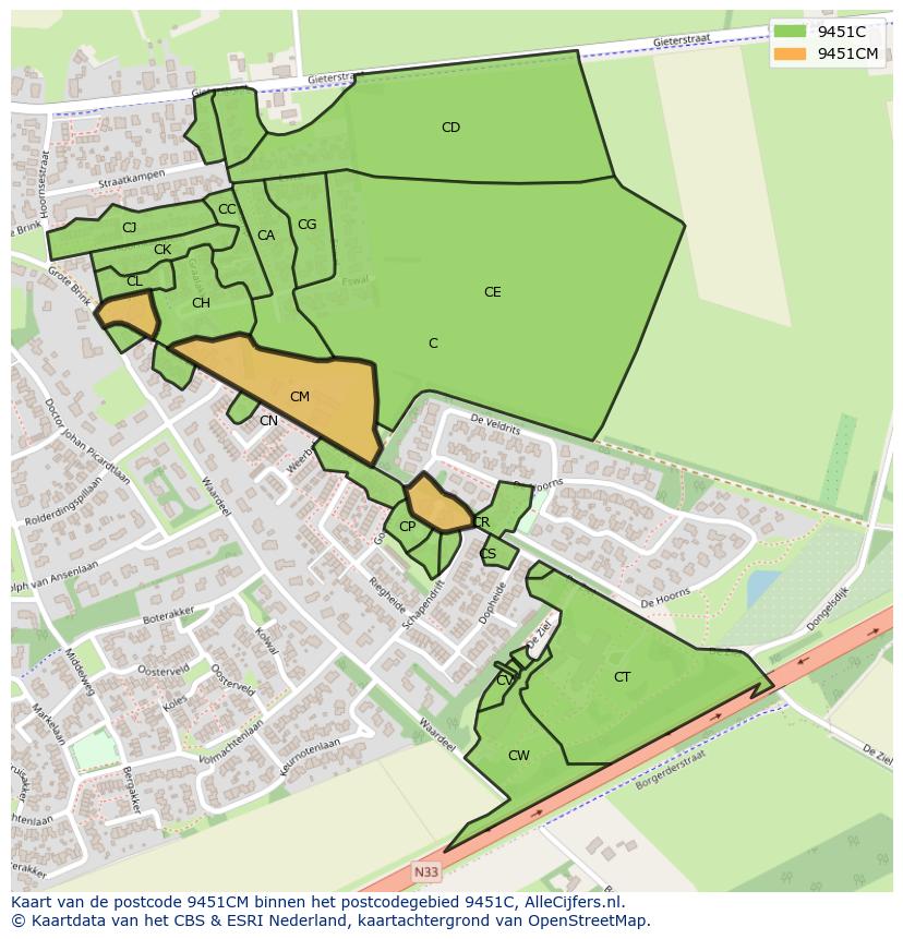 Afbeelding van het postcodegebied 9451 CM op de kaart.
