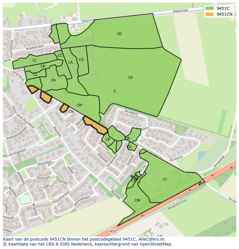 Afbeelding van het postcodegebied 9451 CN op de kaart.