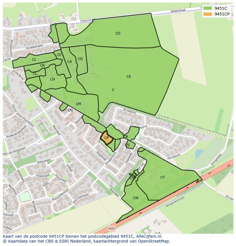 Afbeelding van het postcodegebied 9451 CP op de kaart.