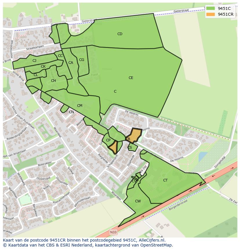 Afbeelding van het postcodegebied 9451 CR op de kaart.