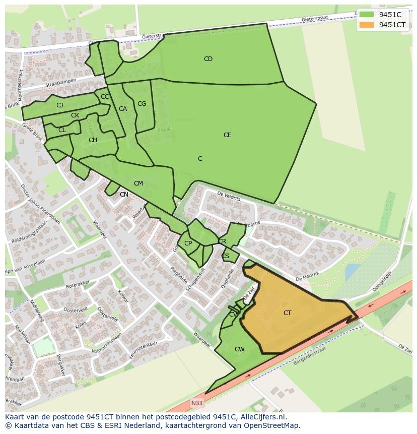 Afbeelding van het postcodegebied 9451 CT op de kaart.