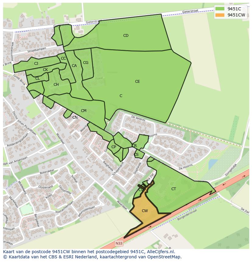 Afbeelding van het postcodegebied 9451 CW op de kaart.