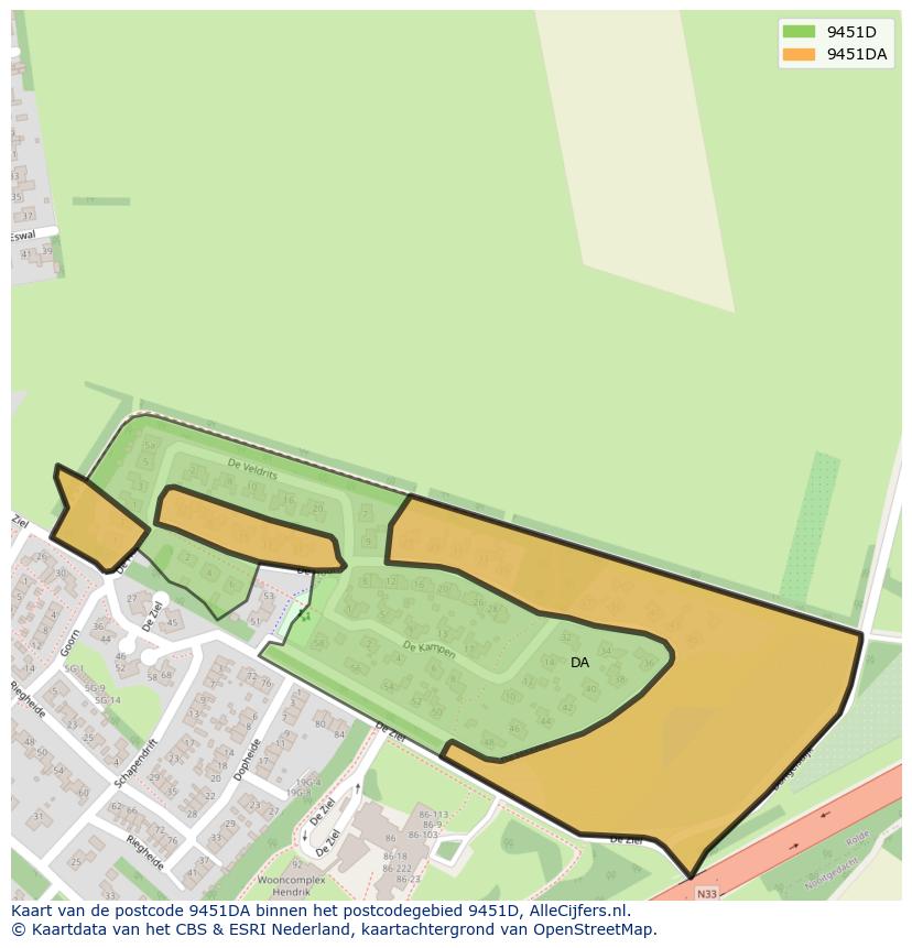 Afbeelding van het postcodegebied 9451 DA op de kaart.