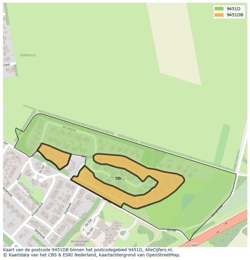 Afbeelding van het postcodegebied 9451 DB op de kaart.