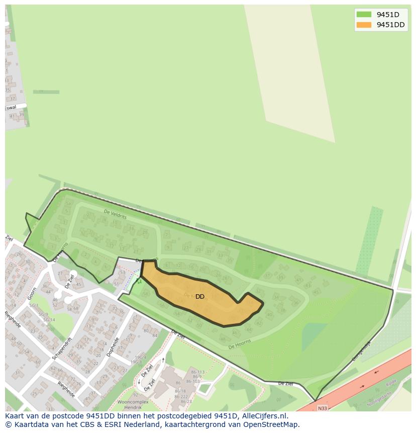 Afbeelding van het postcodegebied 9451 DD op de kaart.