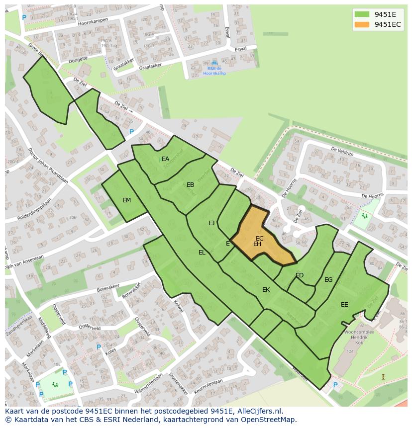 Afbeelding van het postcodegebied 9451 EC op de kaart.