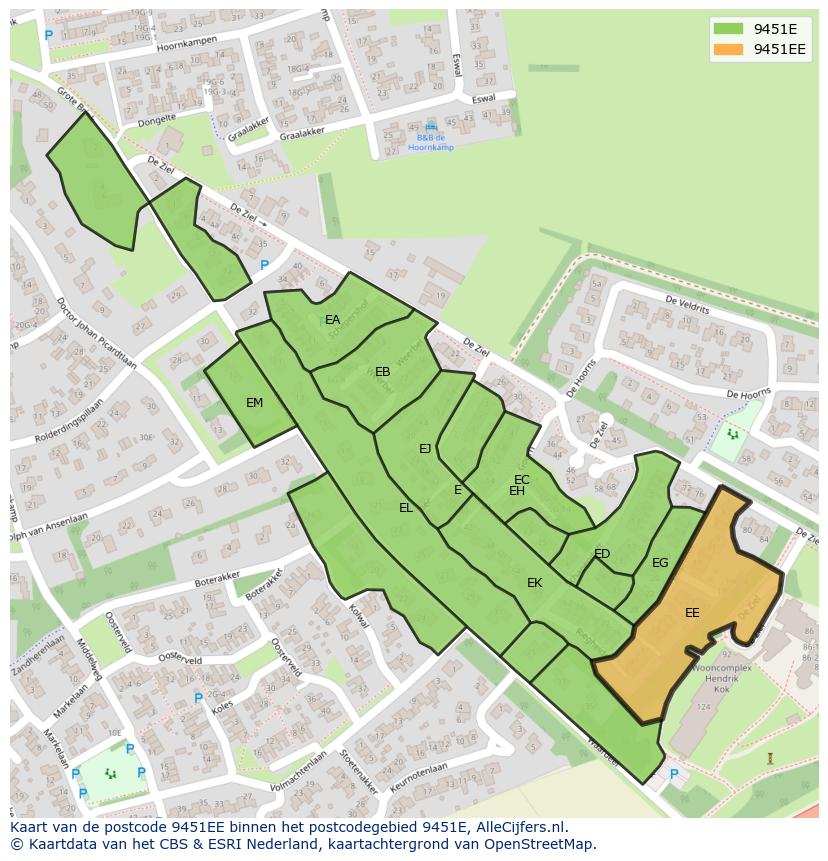 Afbeelding van het postcodegebied 9451 EE op de kaart.