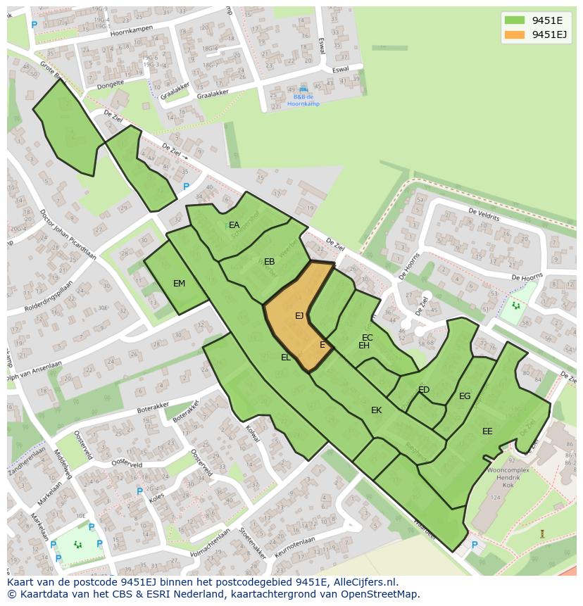 Afbeelding van het postcodegebied 9451 EJ op de kaart.