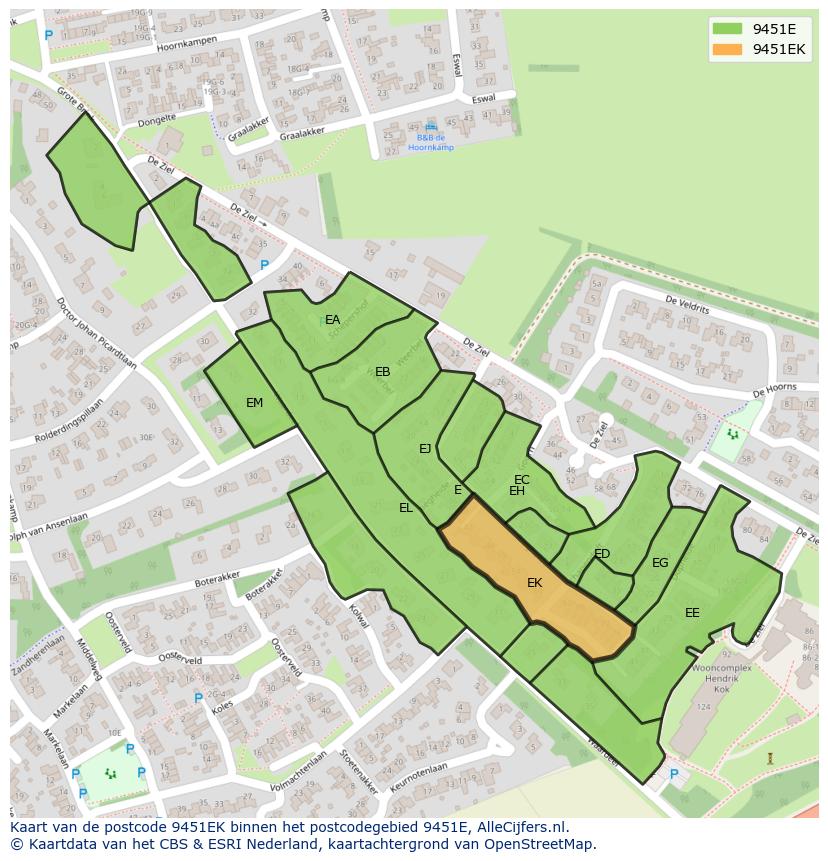 Afbeelding van het postcodegebied 9451 EK op de kaart.