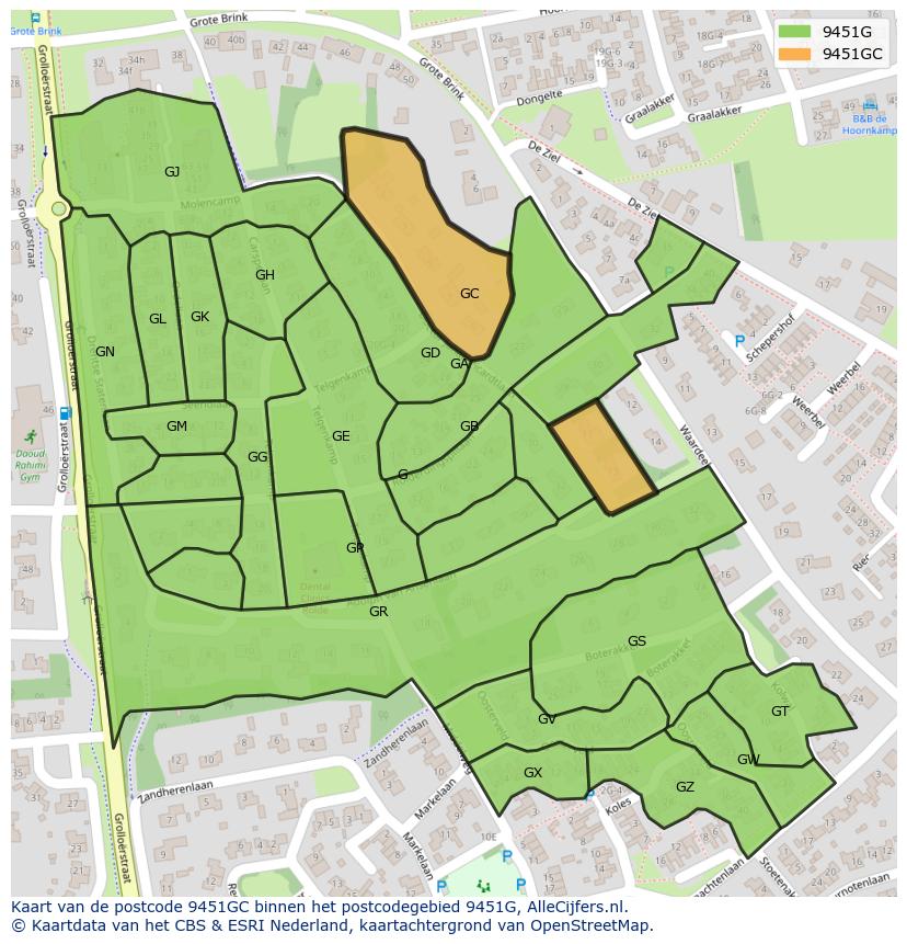 Afbeelding van het postcodegebied 9451 GC op de kaart.