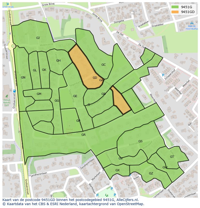 Afbeelding van het postcodegebied 9451 GD op de kaart.