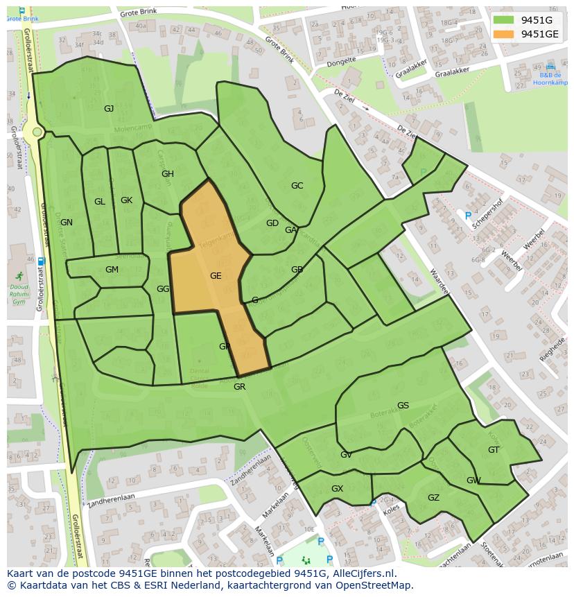 Afbeelding van het postcodegebied 9451 GE op de kaart.