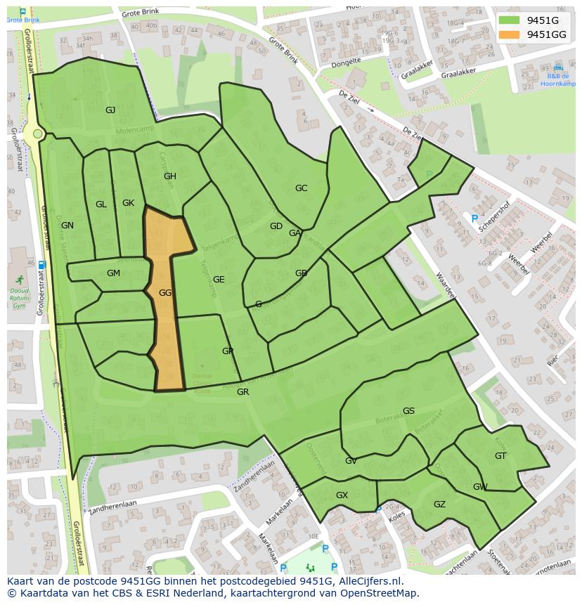 Afbeelding van het postcodegebied 9451 GG op de kaart.