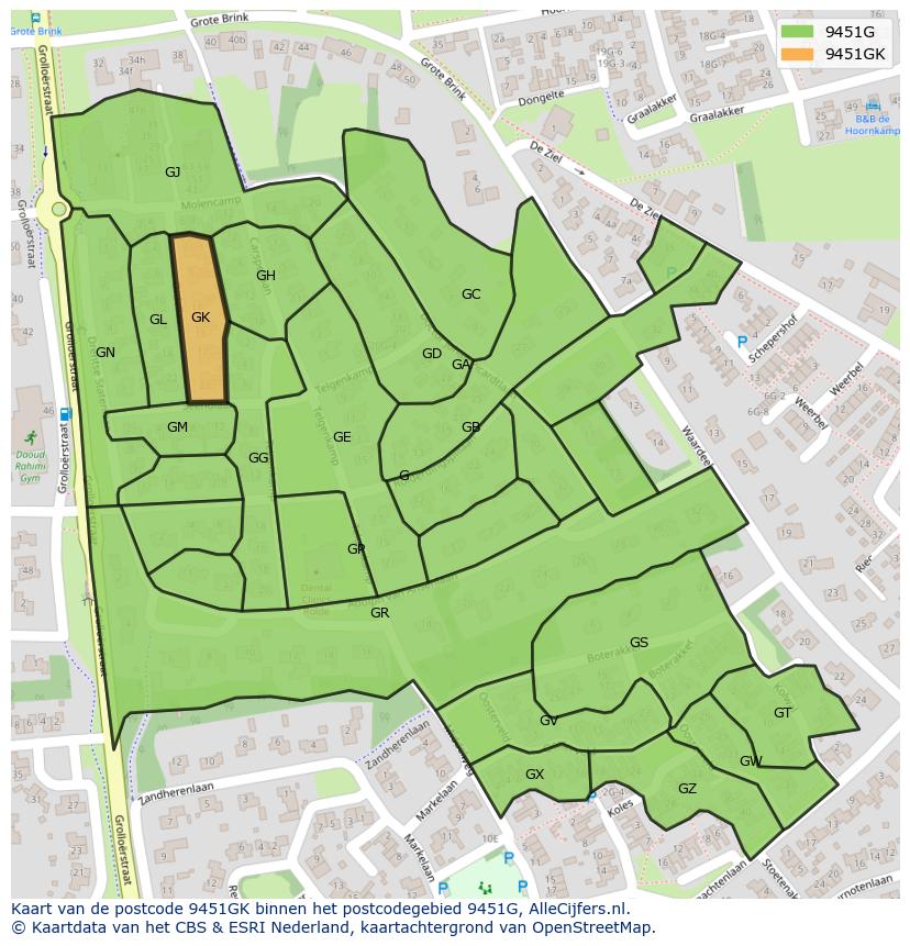 Afbeelding van het postcodegebied 9451 GK op de kaart.