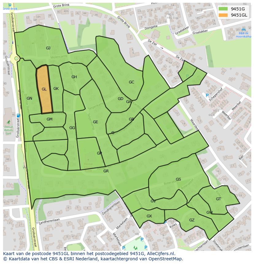 Afbeelding van het postcodegebied 9451 GL op de kaart.