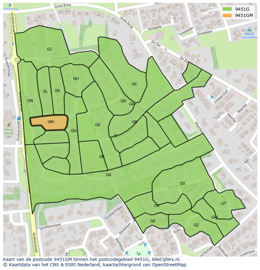 Afbeelding van het postcodegebied 9451 GM op de kaart.