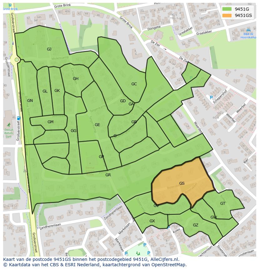 Afbeelding van het postcodegebied 9451 GS op de kaart.