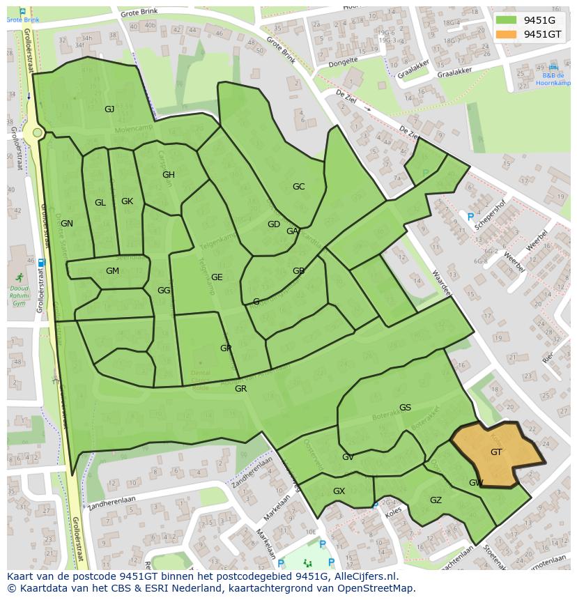 Afbeelding van het postcodegebied 9451 GT op de kaart.