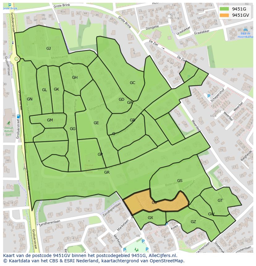 Afbeelding van het postcodegebied 9451 GV op de kaart.