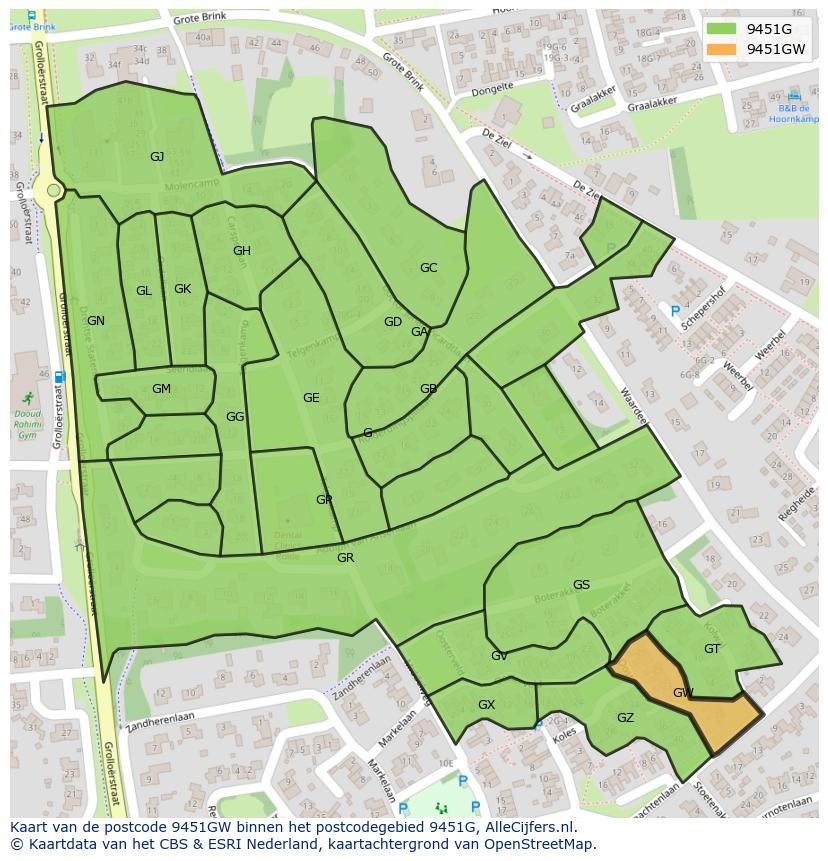Afbeelding van het postcodegebied 9451 GW op de kaart.