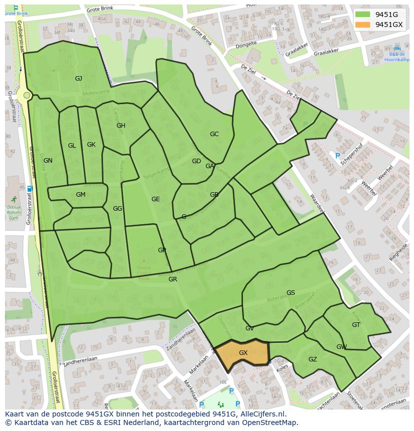 Afbeelding van het postcodegebied 9451 GX op de kaart.