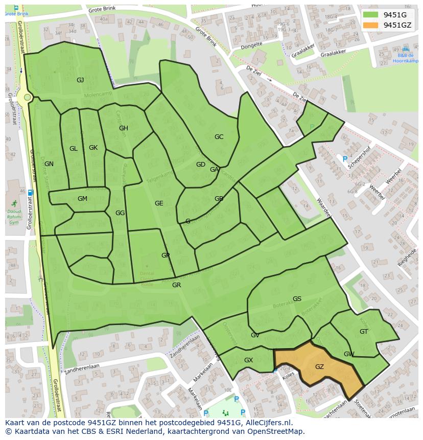 Afbeelding van het postcodegebied 9451 GZ op de kaart.