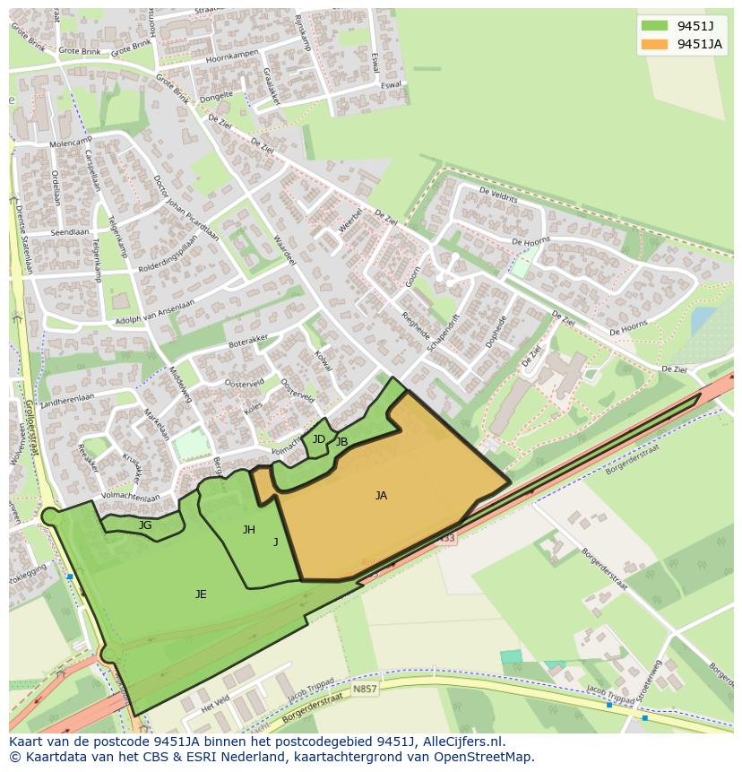 Afbeelding van het postcodegebied 9451 JA op de kaart.