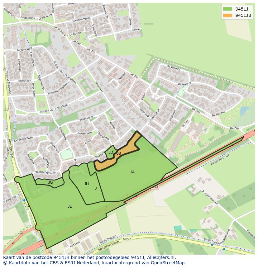 Afbeelding van het postcodegebied 9451 JB op de kaart.
